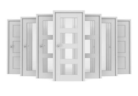 Group of white doors  Isolated render on a white backgroundの写真素材