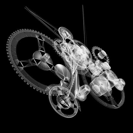 Clock mechanism  Isolated wire-frame render on a black backgroundの写真素材
