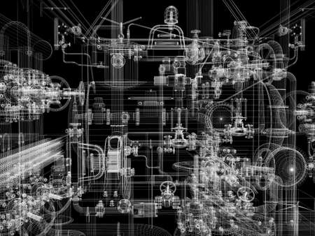 Industrial equipment  Wire-frame render isolated on a black backgroundの写真素材