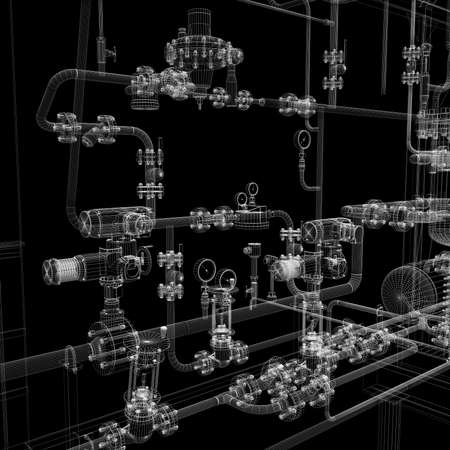 Industrial equipment  Wire-frame render isolated on a black backgroundの写真素材
