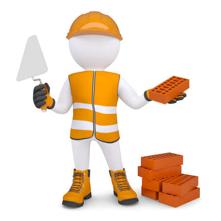 3d man in the form of building with bricks  Isolated render on a white backgroundの写真素材