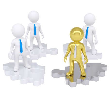 Four 3d people standing on the gear consisting of puzzles  Isolated render on a white background