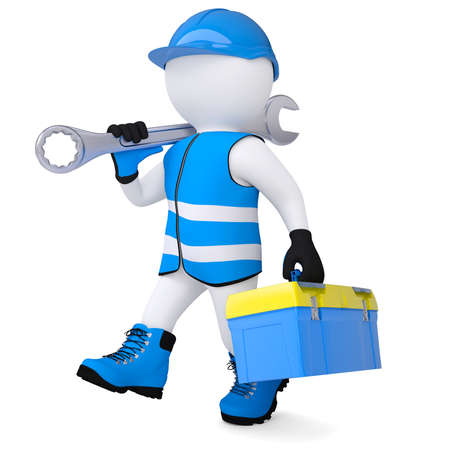 3d man in overalls with a wrench and tool box  Isolated render on a white backgroundの写真素材