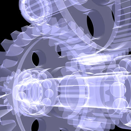 White shafts, gears and bearings  X-ray render on black backgroundの写真素材