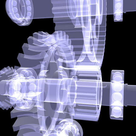 White shafts, gears and bearings  X-ray render on black background