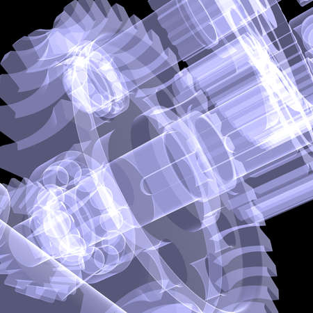 White shafts, gears and bearings  X-ray render on black background