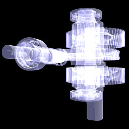 White shafts, gears and bearings  X-ray render isolated on black background