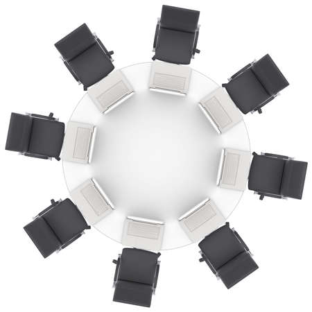Laptops on the office round table and chairs  Isolated render on a white の写真素材