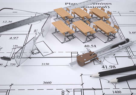 Drawing of the arrangement of furniture and tools engineer  3d renderの写真素材