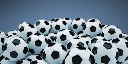 Group of soccer balls  3d rendering of a blue backgroundの写真素材