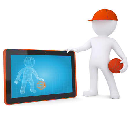 3d basketball player with the tablet PC  Isolated render on a white background