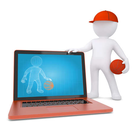 3d basketball player with the laptop  Isolated render on a white backgroundの写真素材