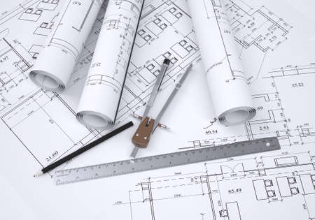 Compass, pencil and ruler lie on the drawing  3d render
