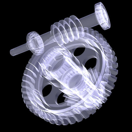 White shafts, gears and bearings  X-ray render isolated on black backgroundの写真素材