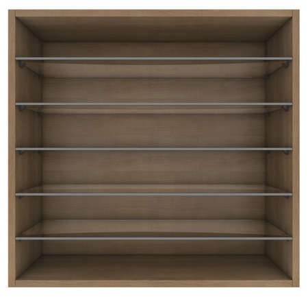 Wooden and glass shelves  Isolated render on a white backgroundの写真素材