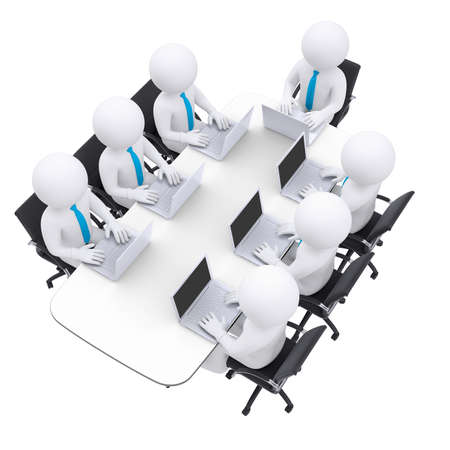 Businessman with a laptop sitting at the table  Isolated render on a white の写真素材