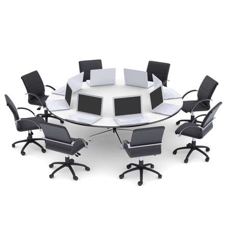 Laptops on the office round table and chairs  Isolated render on a white の写真素材