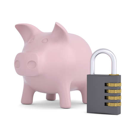 Combination lock and pink piggy bank  Isolated render on a white backgroundの写真素材