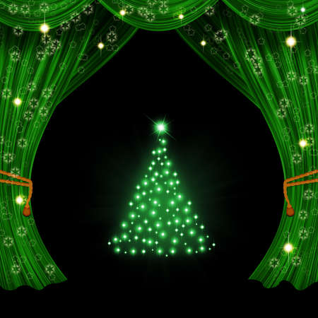 Christmas open curtain  Green fabric, stars, snowflakes and treeの写真素材