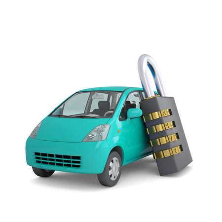Turquoise small car and combination lock  3d render isolated on white backgroundの写真素材