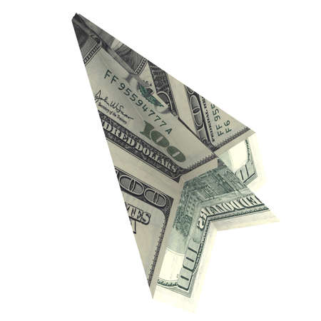 Paper airplane from the dollars  Isolated render on white backgroundの写真素材