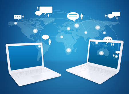 Laptop and world map with contacts  The concept of communication technologies