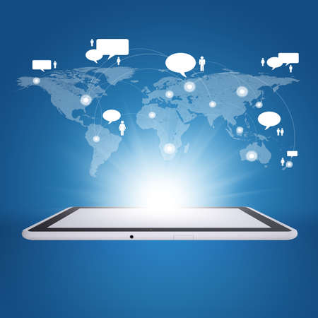 Tablet PC and world map with contacts  The concept of communication technologiesの写真素材