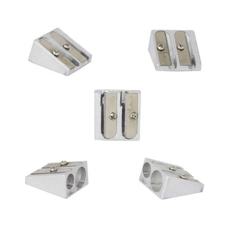 Metal office pencil sharpener  Isolated on white backgroundの写真素材