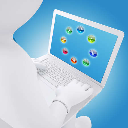 3d white man sitting with a laptop  On the laptop screen application icons  Computer technology conceptの写真素材