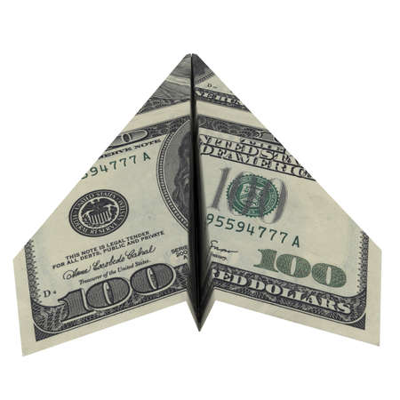 Paper airplane from the dollars  Isolated render on white の写真素材