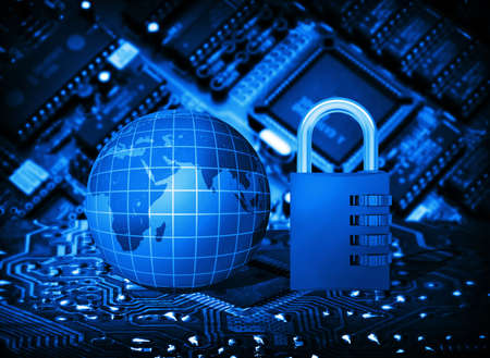 Futuristic integrated circuit, code lock and globe  The concept of electronic securityの写真素材