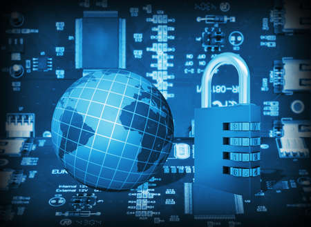 Futuristic integrated circuit, code lock and globe  The concept of electronic securityの写真素材