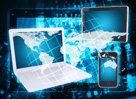 Laptop, tablet pc and smartphone  Abstract background  microcircuit and world map  Computer...