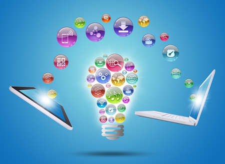Lamp consisting of apps icons, tablet and laptop  The concept of software