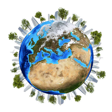 Earth planet image with buildings on surface  Elements of this image are furnished by NASA