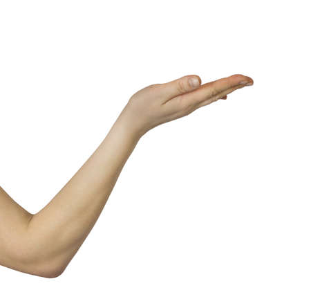 Close-up woman s hand, palm up  Isolated on white background