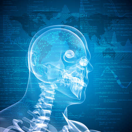 X-ray image of a man head, graphics and communication in the background