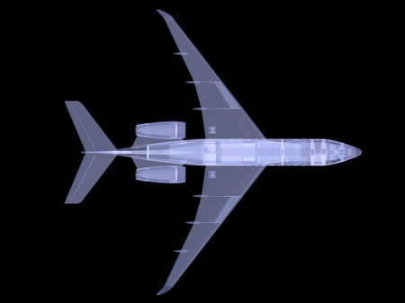 Small commercial plane with internal equipment  X-ray image  Isolated render on a black backgroundの写真素材