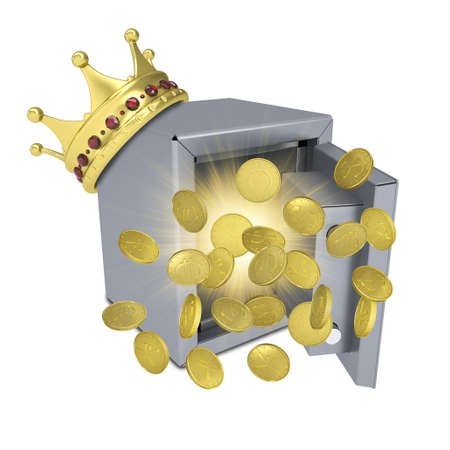 Gold crown, safe and coins  Isolated on white backgroundの写真素材