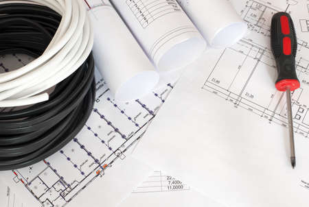 Electrical cable on the construction drawings  Repair and construction of electric systemsの写真素材