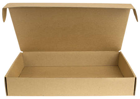 Open cardboard box with a lid  Isolated on white background