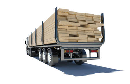 Truck transporting lumber  Rear view  Isolated render on a white backgroundの写真素材