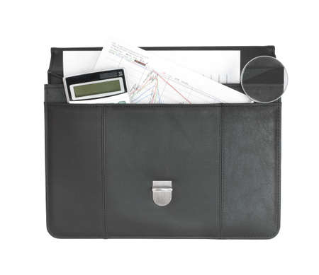 Open black briefcase and business objects  Isolated on white backgroundの写真素材