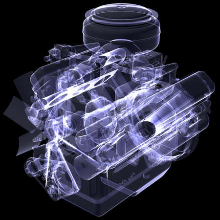 Diesel engine  X-ray render isolated on black background