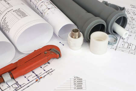 Plumbing tools on the construction drawings  Repair and construction of plumbing systemの写真素材