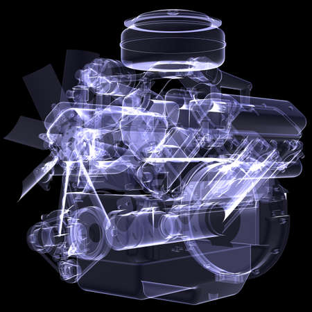 Diesel engine  X-ray render isolated on black backgroundの写真素材