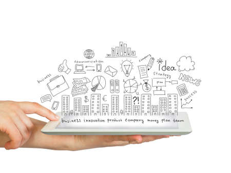 Tablet in hands and business sketches  Business concept