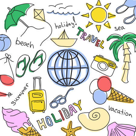 Set of colored sketches - summer vacation at sea  White backgroundの写真素材