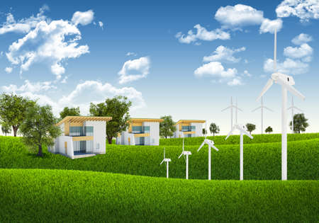 Blue sky, green grass and houses  architectural concept