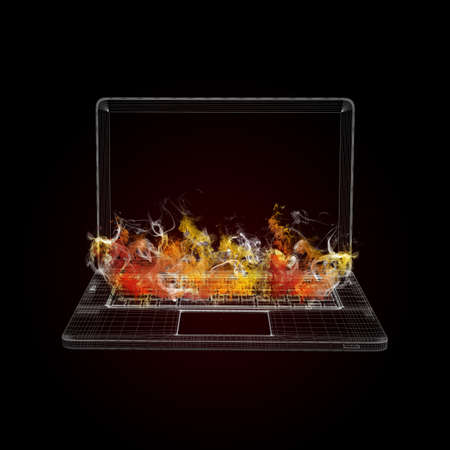 Wire frame laptop in the colored smoke  Computer conceptの写真素材